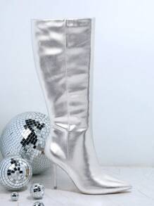 SHUZIA Metallic Faux Leather Knee High Boots - Silver - View 2