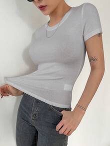 DAZY Áo thun cổ tròn trơn - Màu Xám nhạt - Xem 3