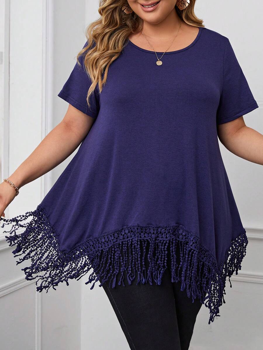 EMERY ROSE Plus Lace Fringe Hem Tee - Navy Blue - View 1