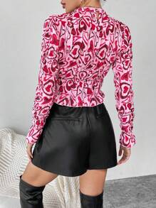 SHEIN Essnce Heart Print Mock Neck Blouse - Multicolor - View 2