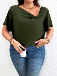 Celure Blusa holgada con cuello asimétrico y mangas de murciélago en color único talla grande
