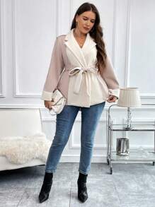 SHEIN Clasi Plus Two Tone Lapel Neck Belted Coat - Beige - View 4