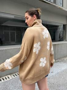 SHEIN Essnce Plus Floral Pattern Turtleneck Drop Shoulder Sweater - Camel - View 2