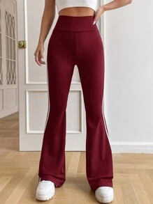 SHEIN EZwear 條紋圖案側喇叭褲 - 酒紅色 - 查看 5