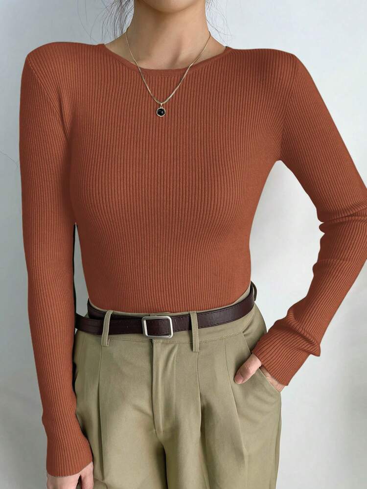 Solid Color Fitted Business Casual Sweater,Long Sleeve Tops,Fall Women Clothes