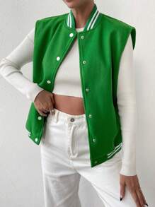 SHEIN Unity Striped Trim Button Front Vest Jacket - Green - View 3