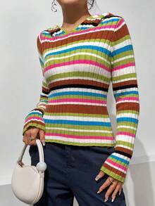 SHEIN Unity 條紋圖案條紋針織套頭毛衣 - 彩色 - 查看 3
