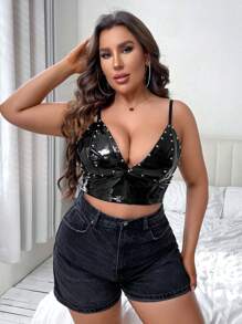 Plus Studded Detail PU Leather Bra - Black - View 5