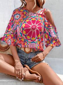 SHEIN VCAY 通體印花不對稱領襯衫 - 玫紅色 - 查看 1