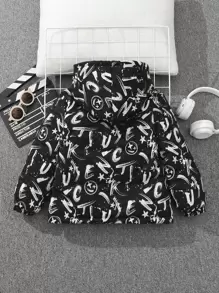 SHEIN Jeune Garçon Veste Lâche Décontracté Épaissi À Capuche Avec Motif - Noir et Blanc - Voir 7