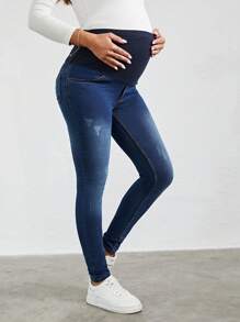 SHEIN Cottnline جينز نحيل ممزق شريط خصر واسع للأمومة - الأزرق - مشاهدة 4