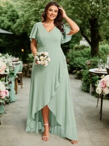 大码V领不对称荷叶边雪纺鼠尾草绿伴娘礼服 冬季婚礼宾客礼服 带袖节日女装