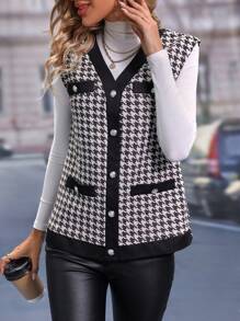 SHEIN LUNE Chaqueta tipo chaleco con botones delanteros y estampado de pata de gallo - Multicolor - Ver 3
