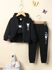 SHEIN Áo hoodie in hình bướm trẻ trung & áo có dây kéo & quần bó sát - màu đen - Xem 3
