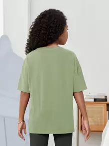 SHEIN Tween Girl Alien & Slogan Graphic Drop Shoulder Tee - Mint Green - View 2