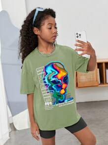 SHEIN Tween Girl Alien & Slogan Graphic Drop Shoulder Tee - Mint Green - View 5