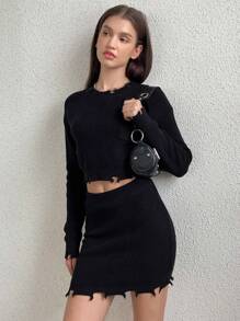 SHEIN Unity Solid Drop Shoulder Distressed Crop Sweater & Knit Skirt Fall Cloth For Women - Black - View 6