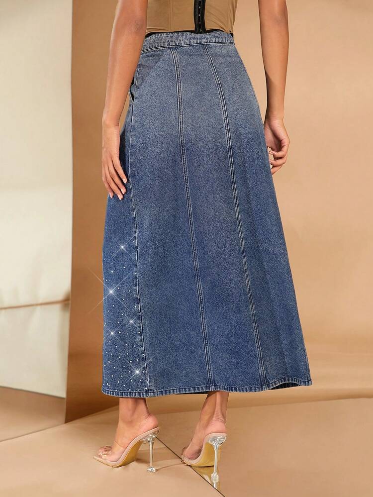 Ombre Rhinestone Detail Denim Skirt