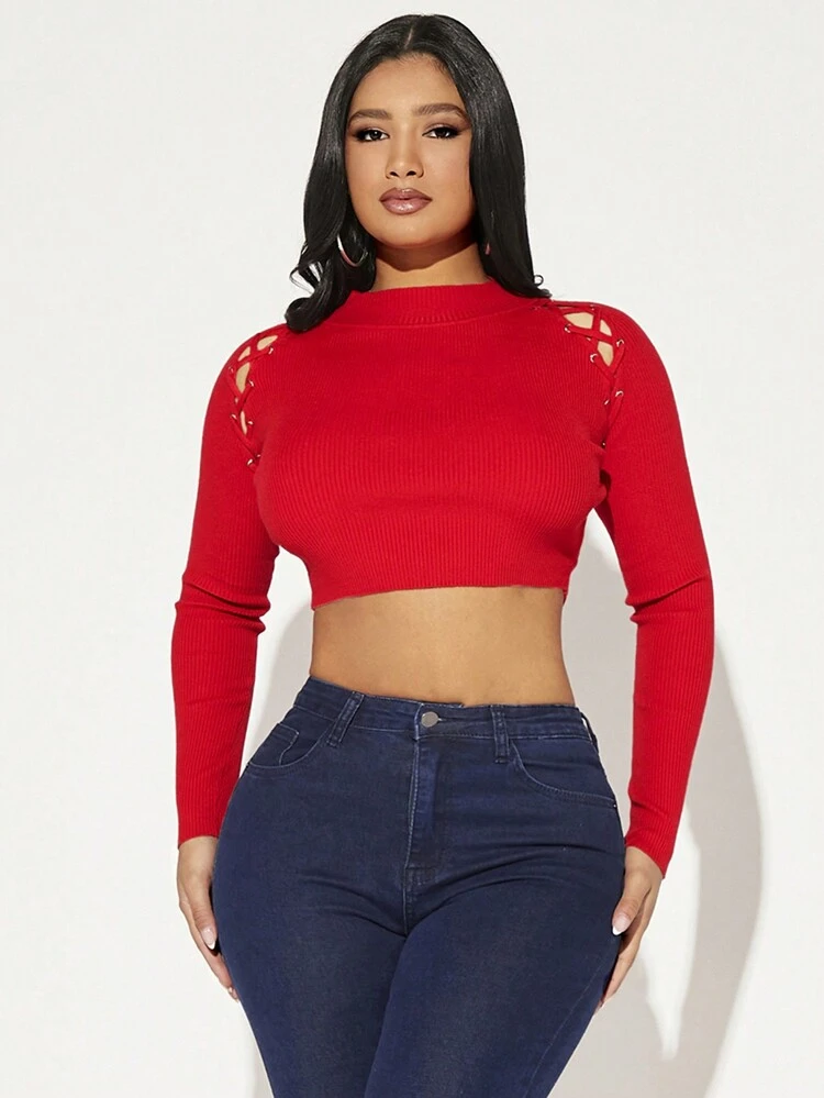 Mock Neck Lace Up Detail Crop Sweater