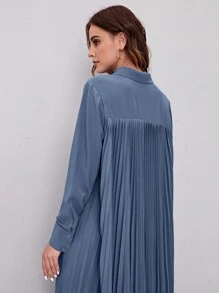 Seusyu Solid Pleated Back Shirt Dress - Dark Wash - View 4