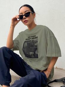 DAZY Camiseta de hombros caídos con estampado de slogan - Verde - Ver 1