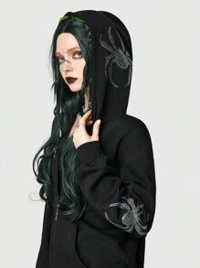 ROMWE Fairycore Zip Up Rhinestone Spider Graphic Hoodie - Black - View 2