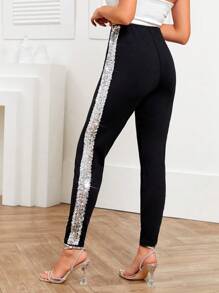 SHEIN Privé 撞色亮片側縫打底褲 - 黑色 - 查看 2