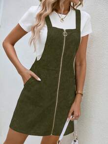 SHEIN LUNE 拉鏈開襟燈芯絨背帶洋裝不帶T恤 - 軍綠色 - 查看 5