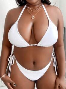 SHEIN Slayr Summer Beach Plus Halter Triangle Tie Side Bikini Set - White - View 4