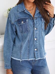 SHEIN Privé 落肩毛邊牛仔夾克 - 淺色水洗藍 - 查看 4