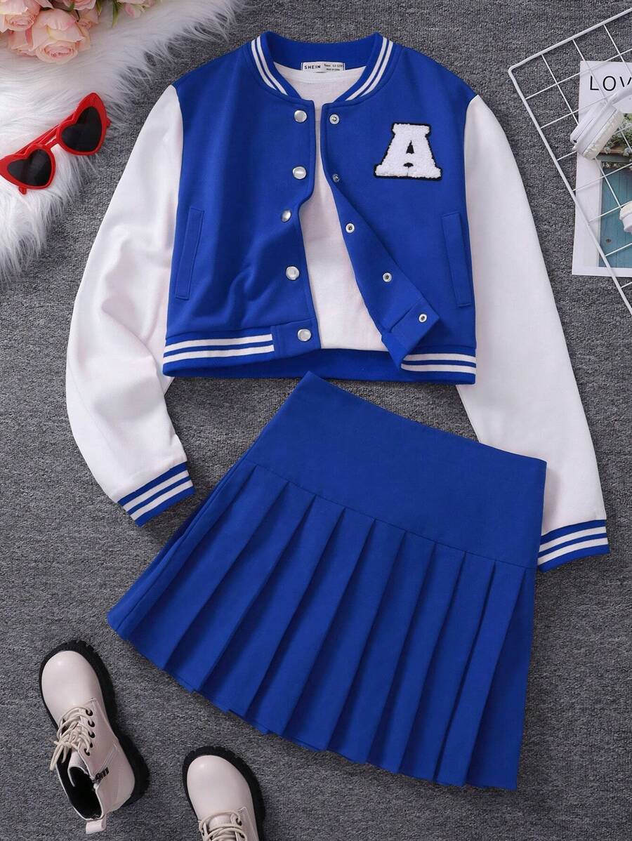 SHEIN 青少年女孩字母貼布條紋飾邊學院風夾克和百褶半身裙 - 彩色 - 查看 1