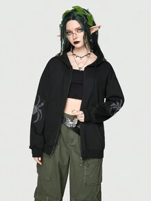 ROMWE Fairycore Zip Up Rhinestone Spider Graphic Hoodie - Black - View 6