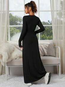 SHEIN EZwear Women's Round Neck Long Sleeve Casual Black Knit Bodycon Dress - Black - View 2