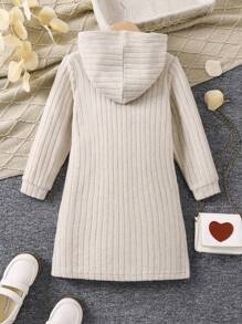 SHEIN Young Girl Heart Patched Hooded Dress - Khaki - View 2