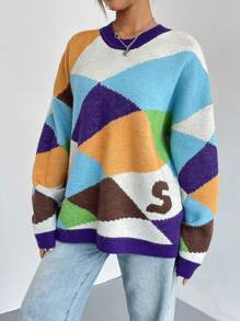 Chiquease Letter Pattern Drop Shoulder Sweater Knit Pullover Fall Winter Outfit