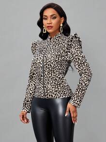 SHEIN Lady Leopard Print Zip Up Puff Sleeve Jacket In Fall/Winter - Multicolor - View 5