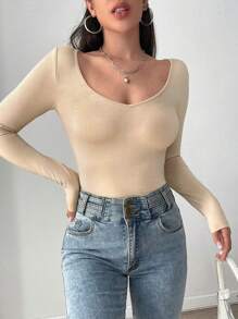 SHEIN PETITE V-neck Form Fitted Tee - Apricot - View 6