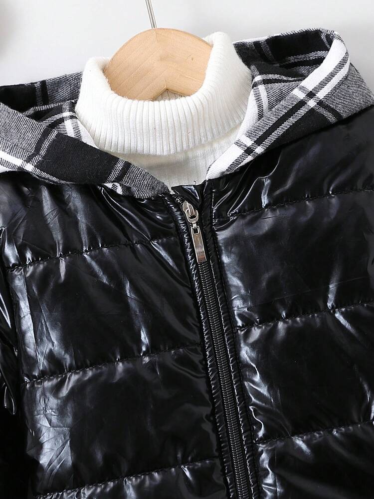 Young Boy Plaid Zip Up Hooded Padded Coat Without Sweater