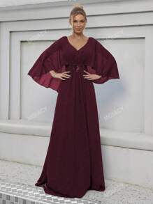 V-Neck Flare Sleeve Sequin & Embroidered Applique Party Dress