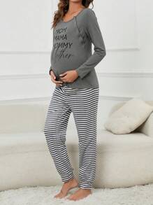 Moonlight&Mama Maternity Striped & Slogan Graphic Nursing Tee & Adjustable Waist Pants Pajama Set For Mother, Fall Winter Clothes