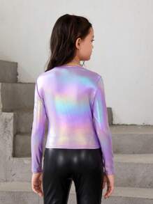 少女3入組甜美休閒彩色圓領長袖T恤 - 紫色 - 查看 2