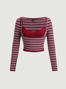 SHEIN MOD Striped Print 2 In 1 Top - Red - View 1