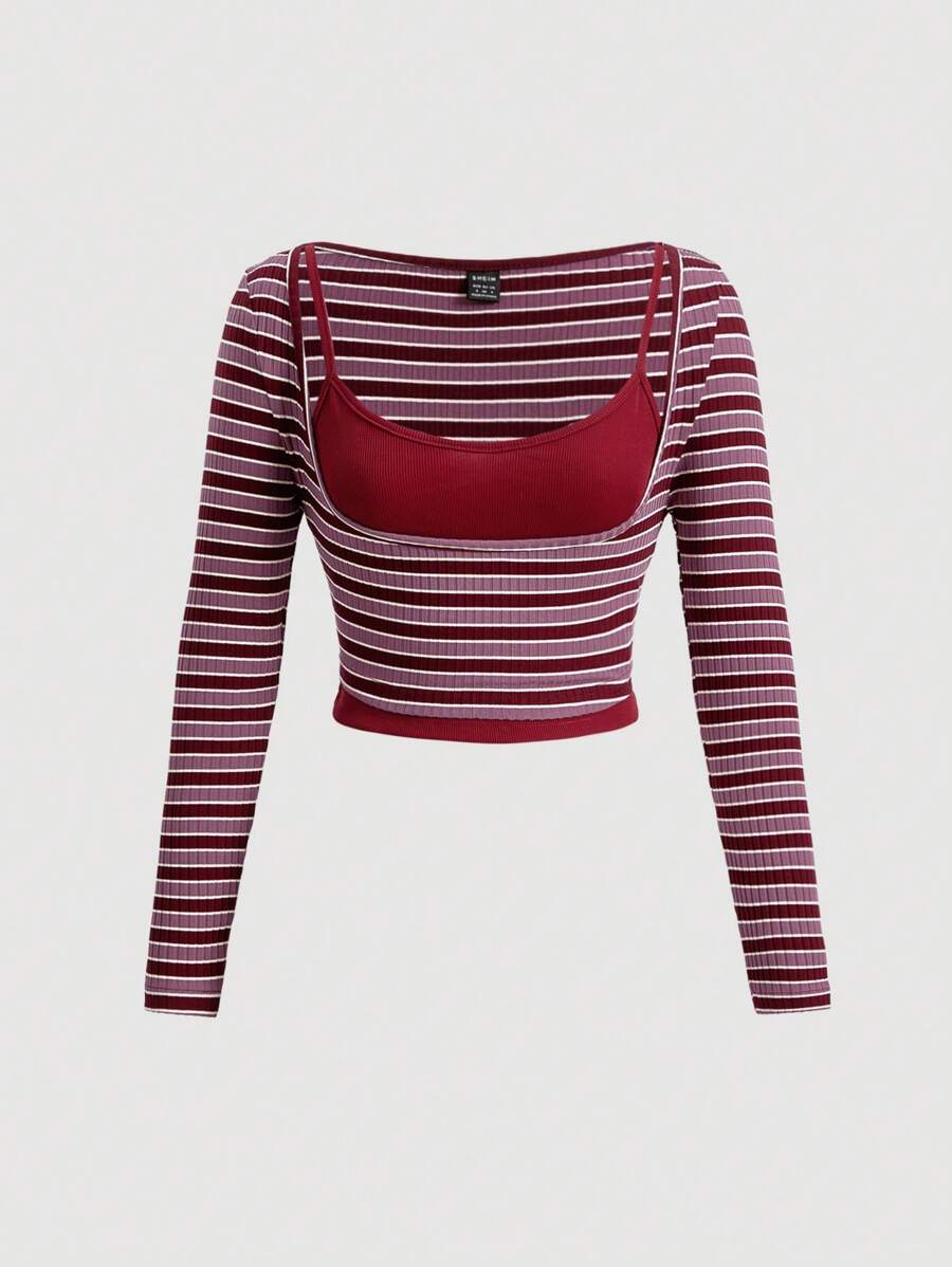 SHEIN MOD 條紋印花假兩件上衣 - 紅色 - 查看 1