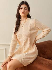 SHEIN Frenchy Solid Cable Knit Sweater Dress Without Belt - Apricot - View 1