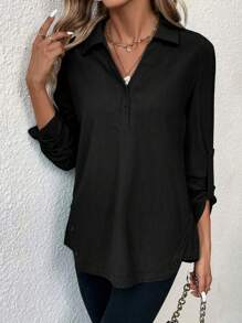SHEIN LUNE Áo sơ mi viền cong tay cuộn nửa cúc - màu đen - Xem 6
