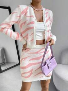 SHEIN LUNE 圖形圖案破洞邊開衫和針織裙 - 粉色 - 查看 4