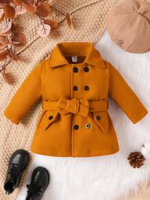 Baby Boy Double Breasted Belted Coat - Camel - View 1