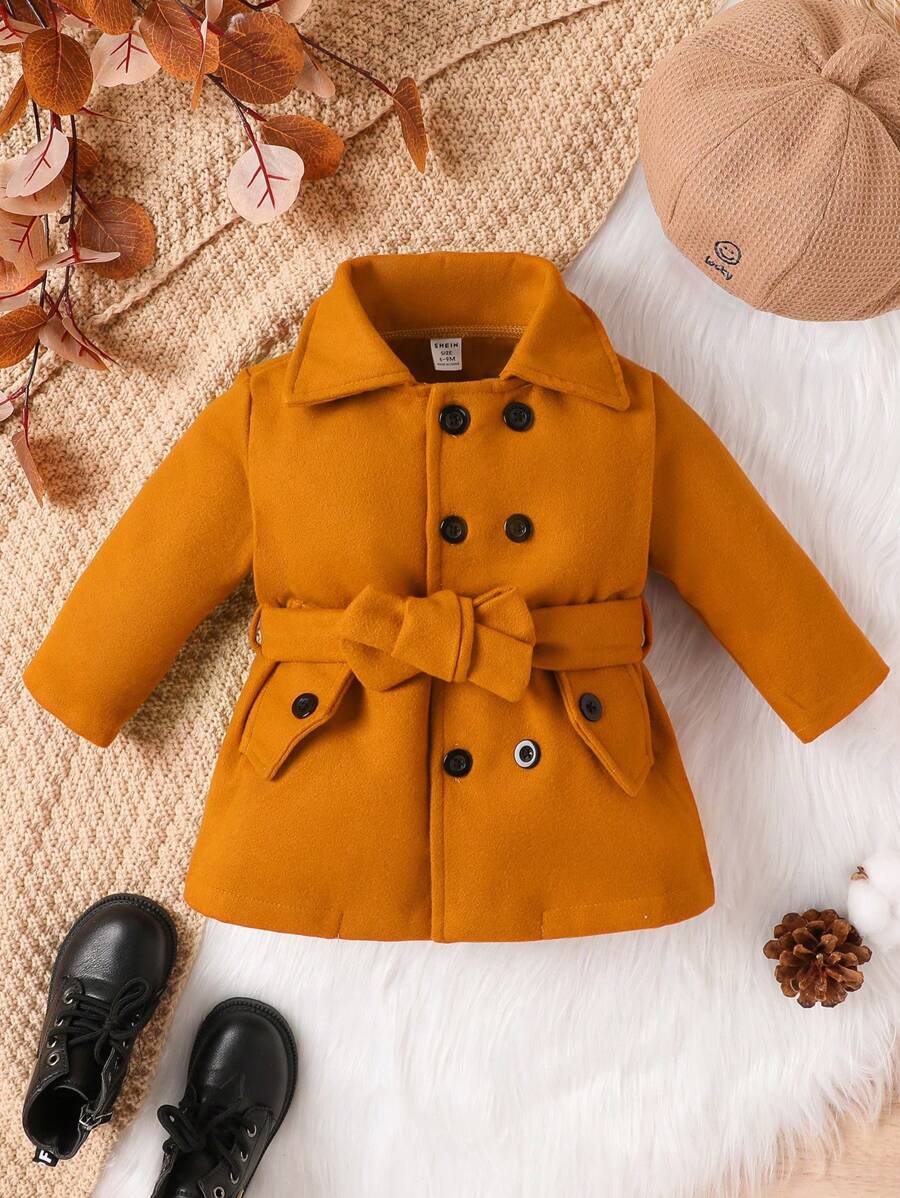 Baby Boy Double Breasted Belted Coat - Camel - View 1