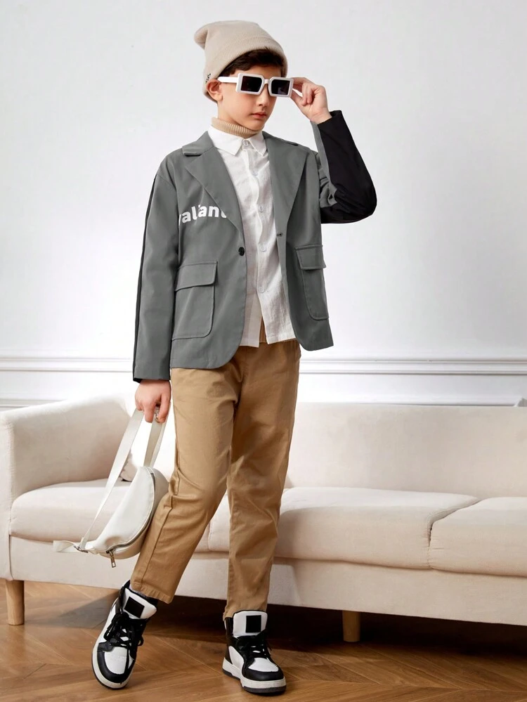 Tween Boy Letter Graphic Flap Pocket Single Button Jacket