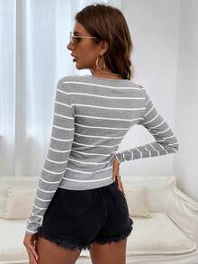 SHEIN Frenchy Striped Print Half Button Tee Winter Casual - Light Grey - View 2